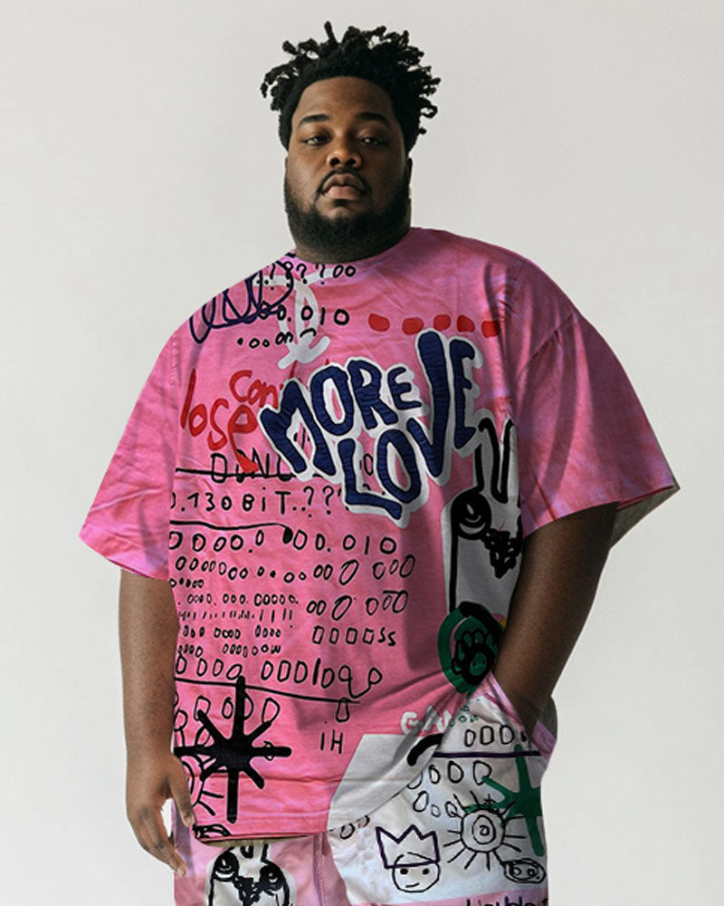 Big & Tall Pink Graphic Graffiti T-Shirt Shorts Set for big men view 2
