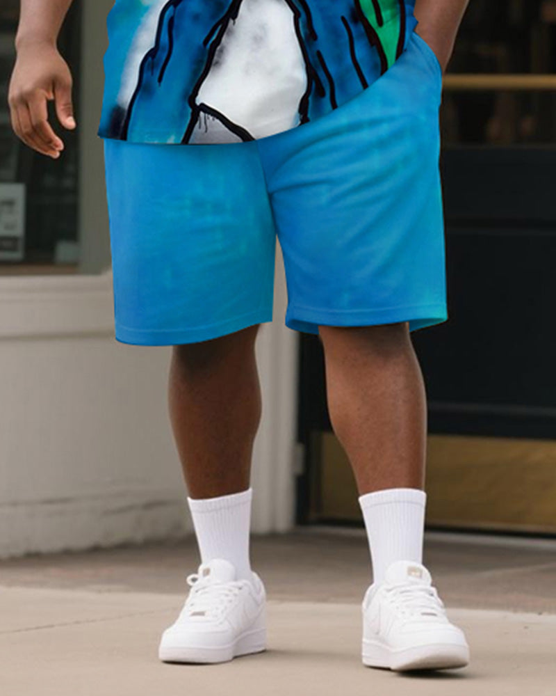 Big & Tall Blue Graphic Graffiti T-Shirt Shorts Set for big men view 3