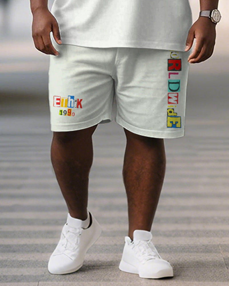 Big & Tall White Graphic T-Shirt Shorts Set for big men view 3