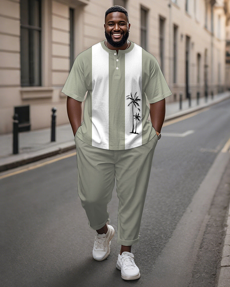 Big & Tall White Green Hawaiian T-Shirt Pants Set for big men view 1