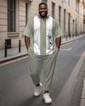 Big & Tall White Green Hawaiian T-Shirt Pants Set for big men view 1