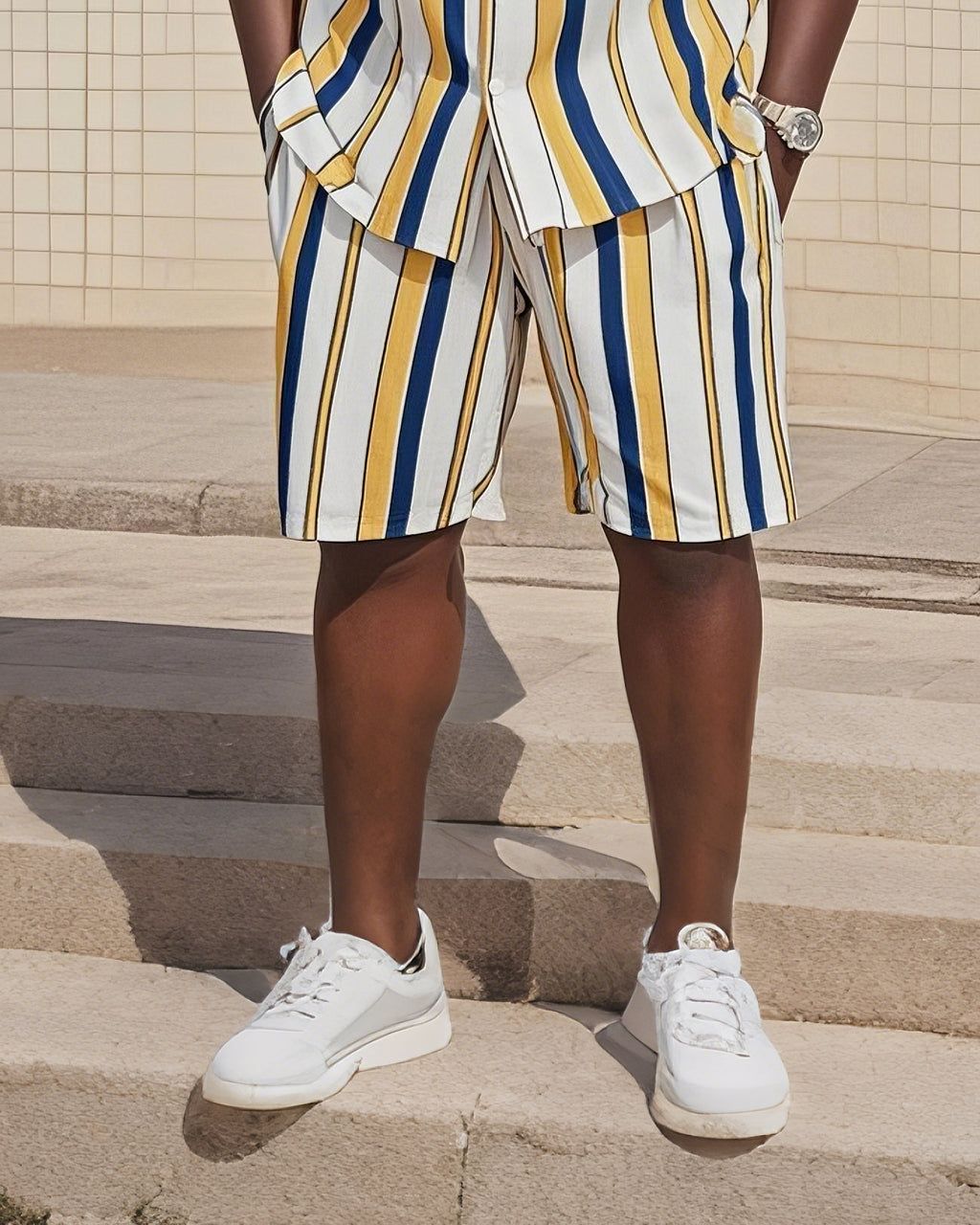 Big & Tall White Blue Colorblock T-Shirt Shorts Set for big men view 3