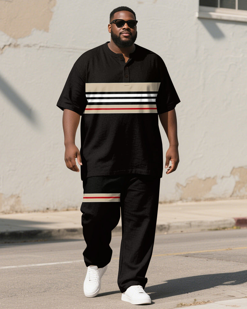 Big & Tall Black Khaki Colorblock T-Shirt Pants Set for big men view 1