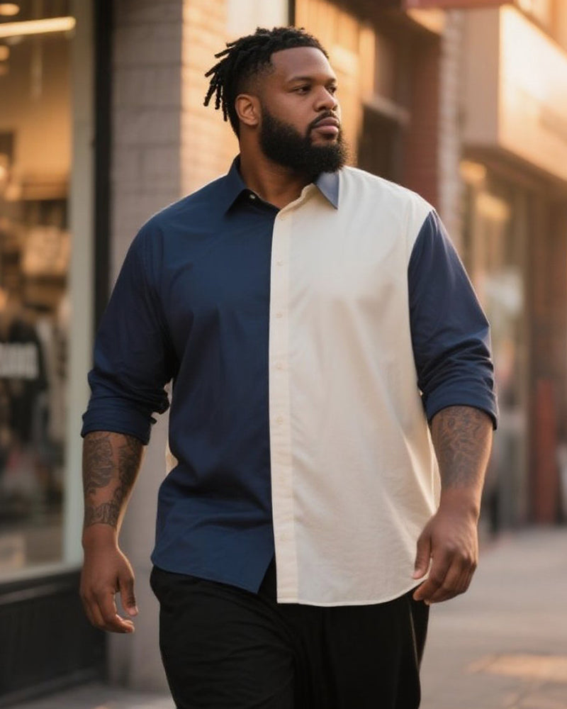 Big & Tall White Blue Colorblock Long Sleeve Shirt for big men view 1