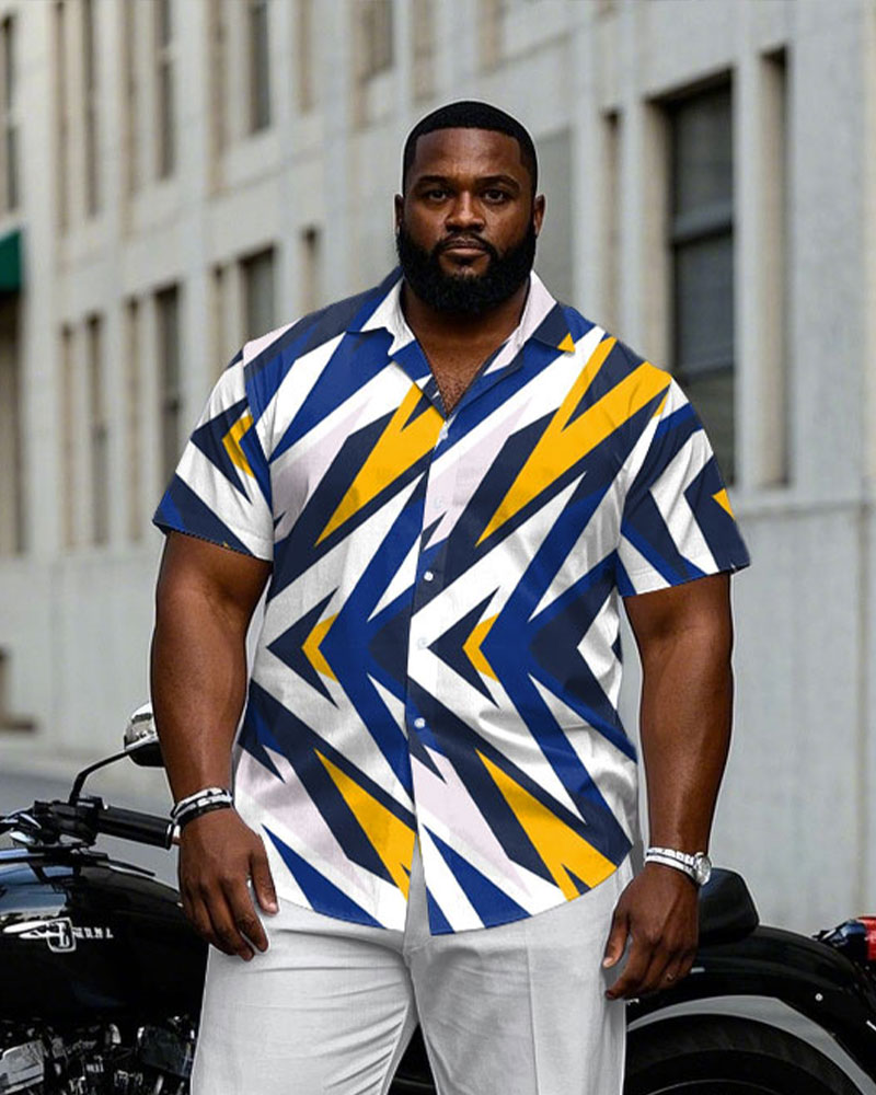 Big & Tall White Blue Geometric T-Shirt Pants Set for big men view 2