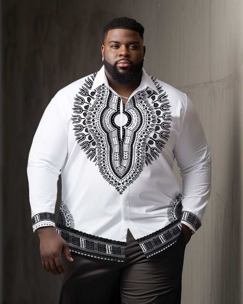 Big & Tall White Western Streetwear Long Sleeve Shirt for big men