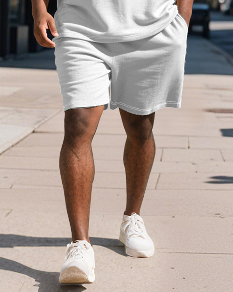 Big & Tall White Striped Graphic Polo Shorts Set for big men view 3
