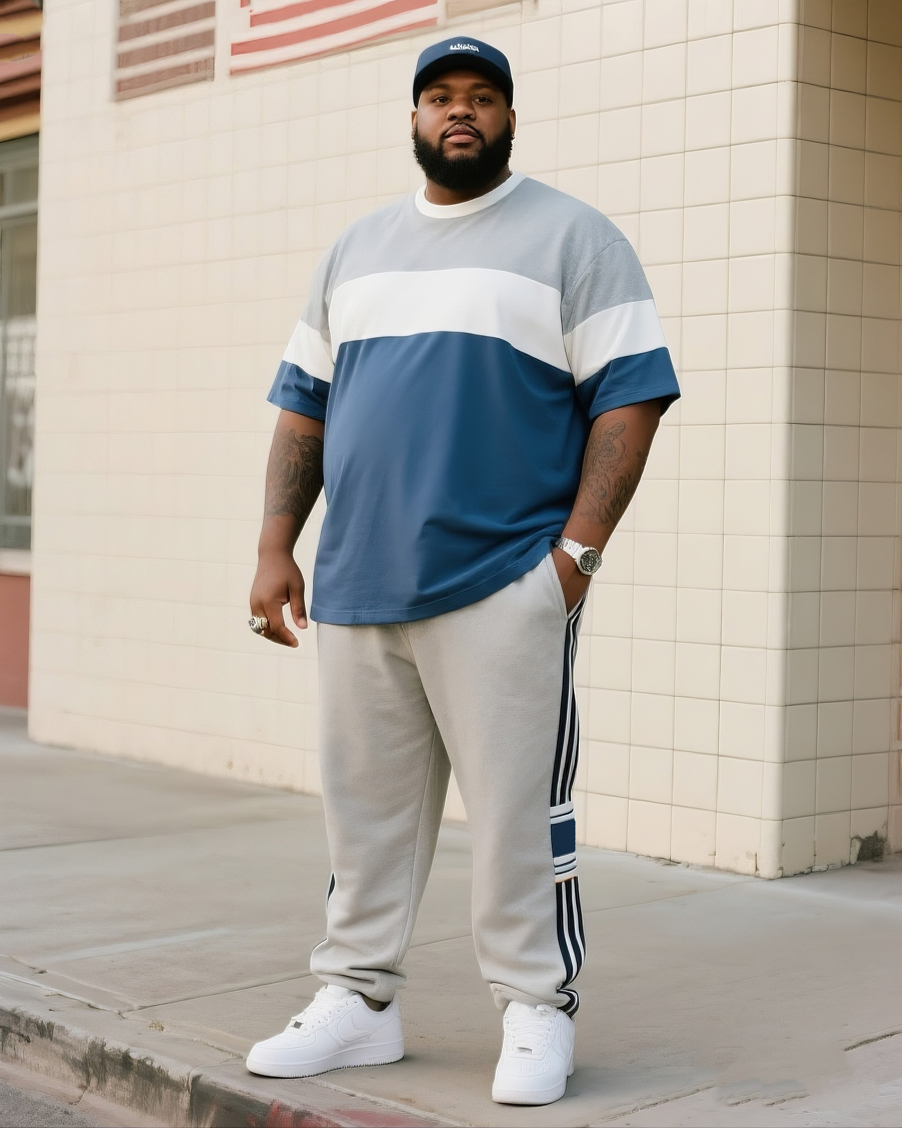 Big & Tall Geometric Striped T-Shirt Pants Set for big men view 1