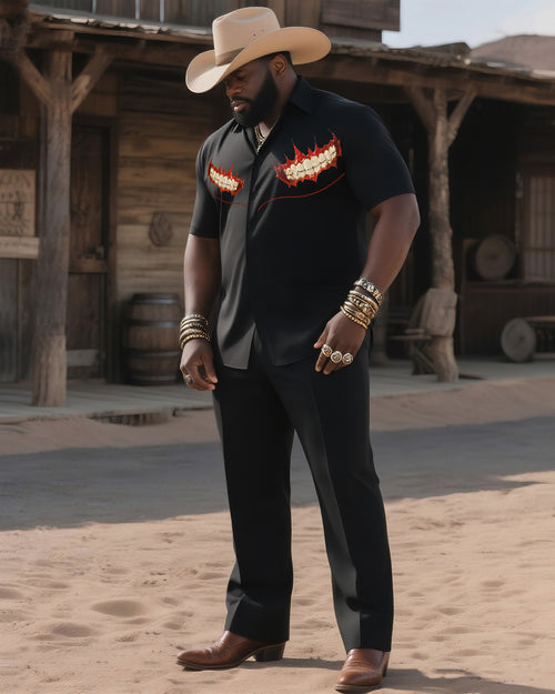 Big & Tall Black Western Graphic T-Shirt Pants Set for big men view 1