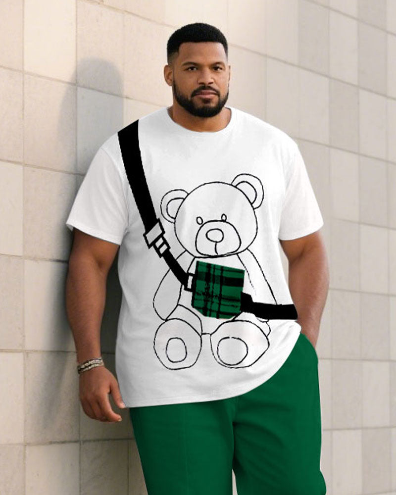 Big & Tall White Green Colorblock T-Shirt Pants Set for big men view 2