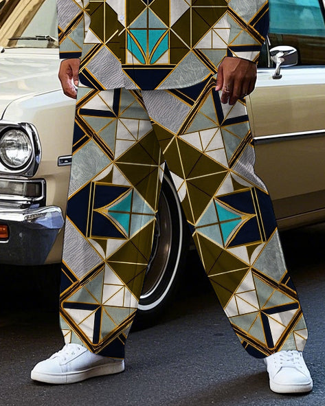 Big & Tall Geometric Vintage T-Shirt Pants Set for big men view 3