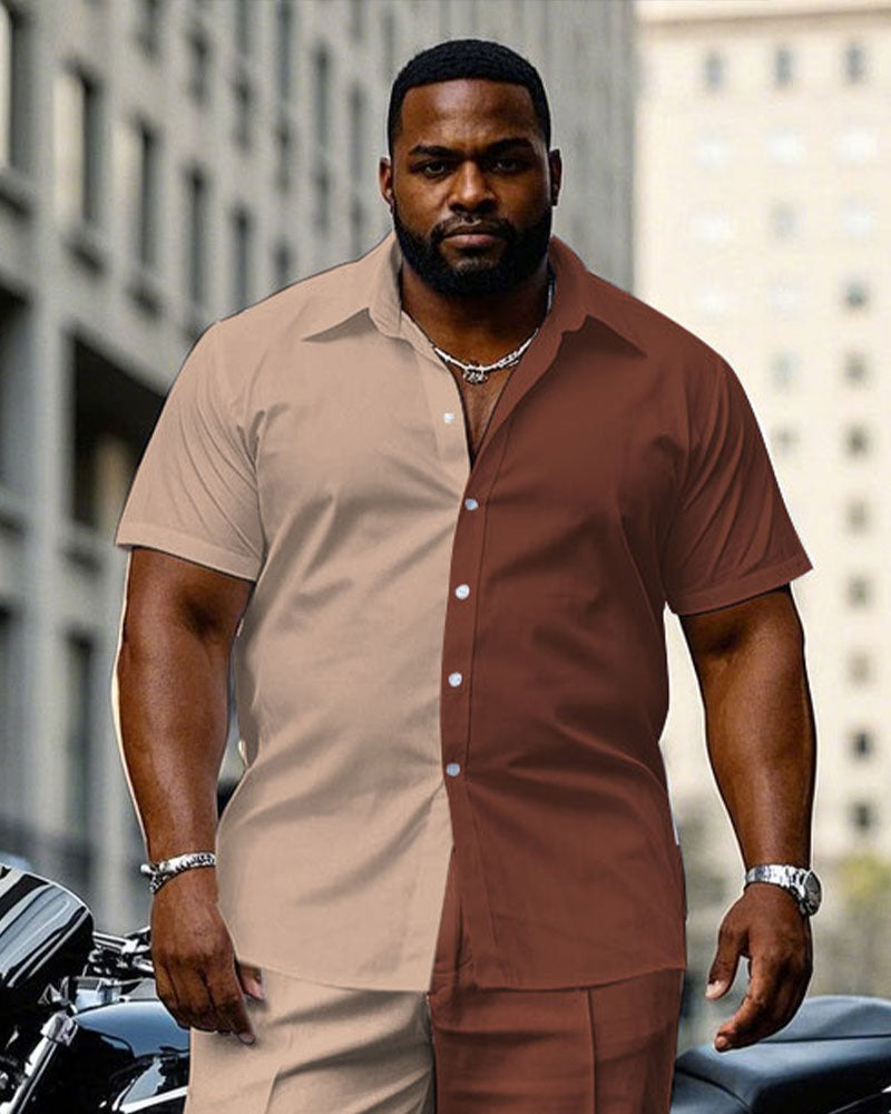 Big & Tall Brown Khaki Colorblock T-Shirt Pants Set for big men view 2