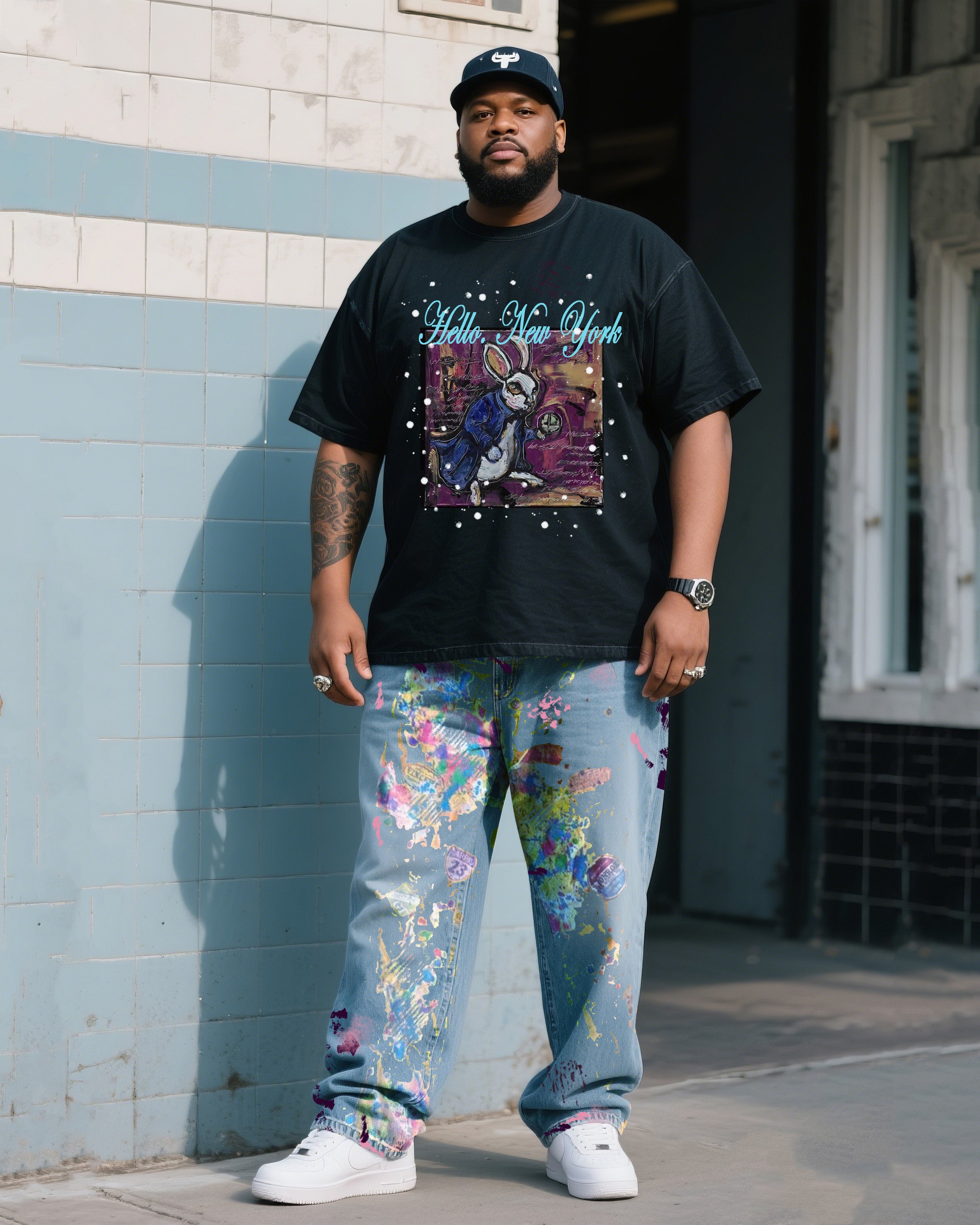 Big & Tall Denim Splash Ink T-Shirt Pants Set for big men view 2