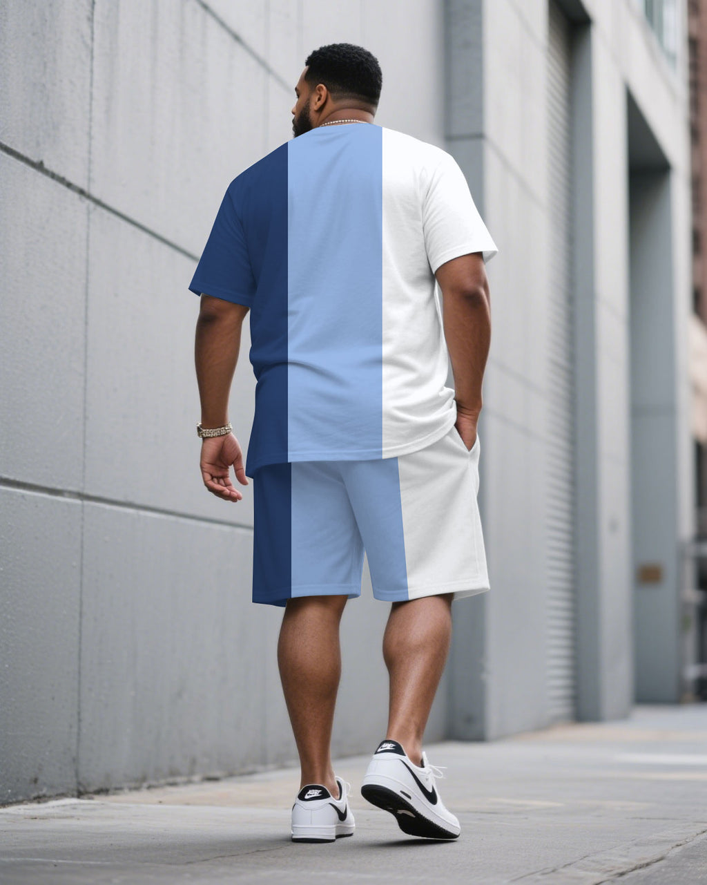 Big & Tall White Blue Colorblock T-Shirt Pants Set for big men view 4