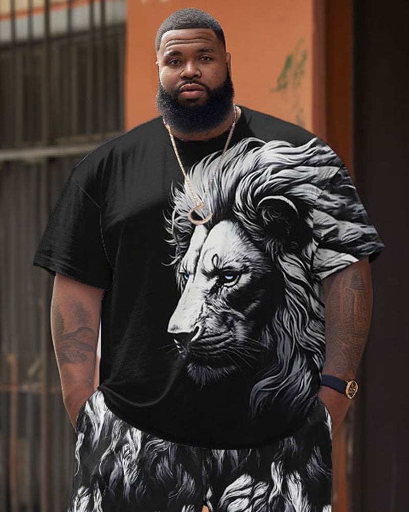 Big & Tall Black White Graphic T-Shirt Shorts Set for big men view 2