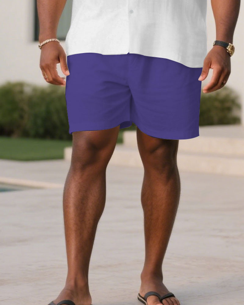 Big & Tall White Purple Hawaiian T-Shirt Shorts Set for big men view 3