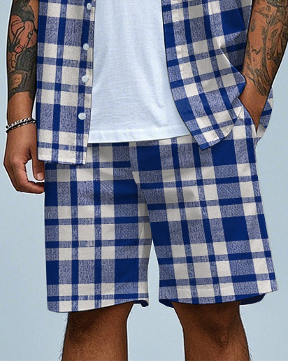 Big & Tall Blue Plaid T-Shirt Shorts Set for big men view 3