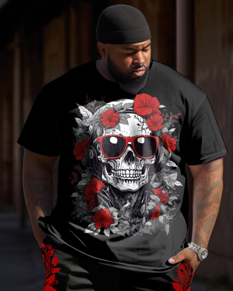 Big & Tall Graphic Floral Skull T-Shirt Pants Set for big men view 2