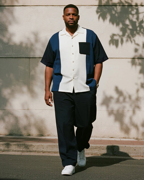 Big & Tall Blue Colorblock Striped T-Shirt Pants Set for big men view 1