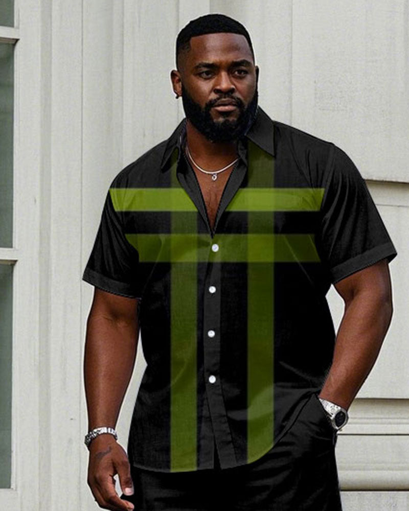 Big & Tall Black Green Plaid T-Shirt Pants Set for big men view 2
