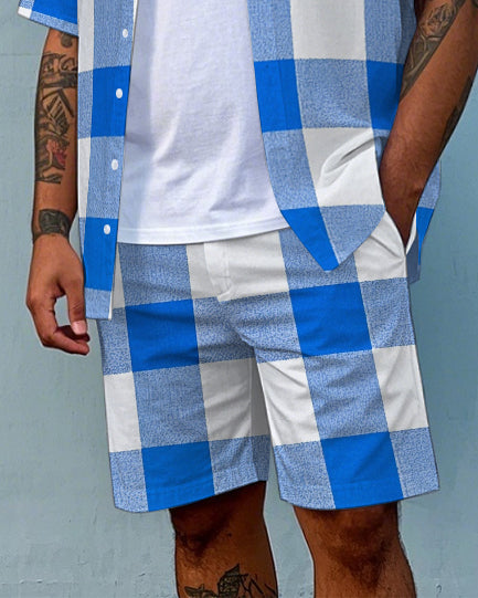 Big & Tall White Blue Plaid T-Shirt Shorts Set for big men view 3