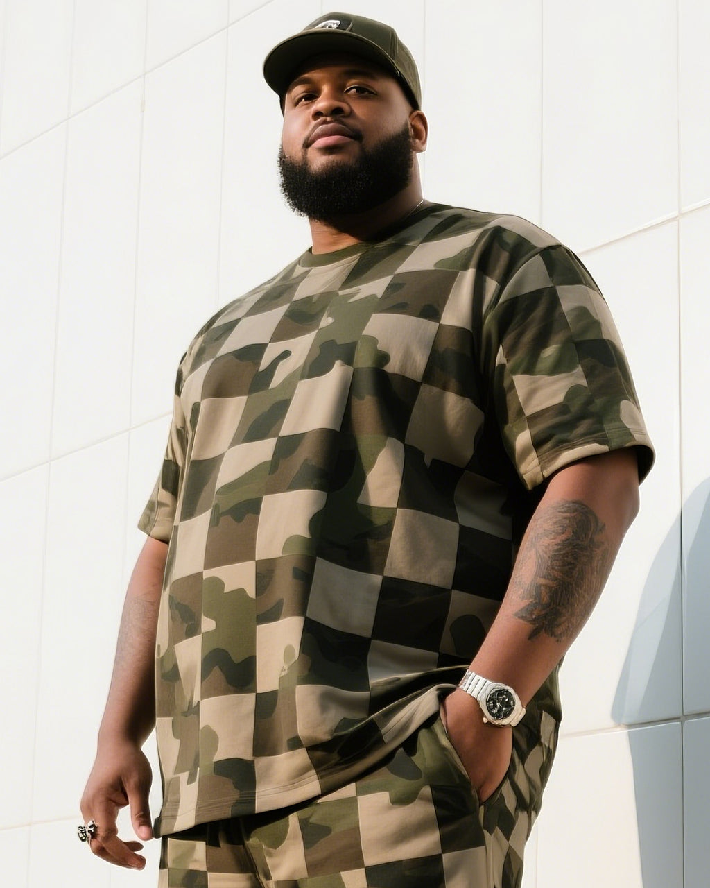 Big & Tall Plaid Camouflage T-Shirt Shorts Set for big men view 1