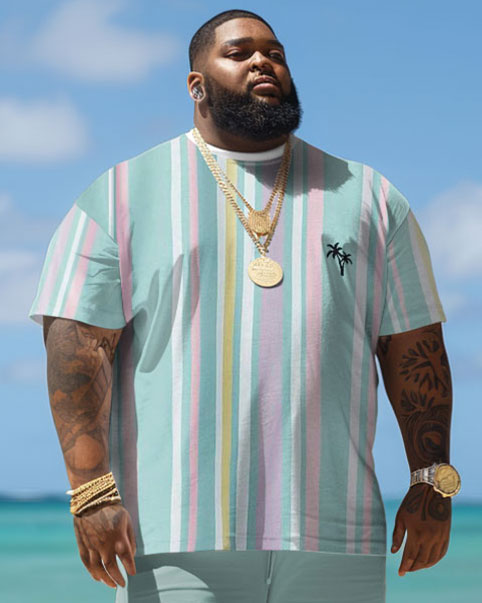 Big & Tall Hawaiian Striped T-Shirt Shorts Set for big men view 3