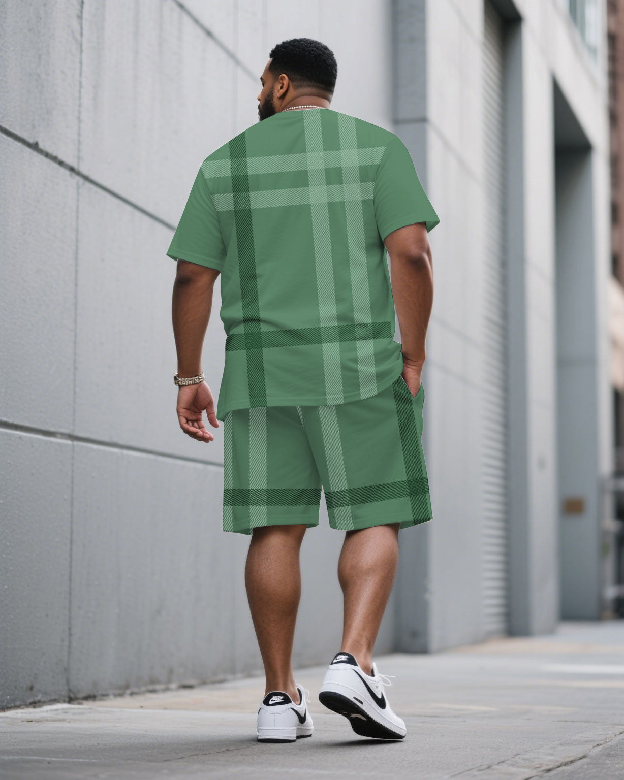 Big & Tall Green Plaid T-Shirt Shorts Set for big men view 4
