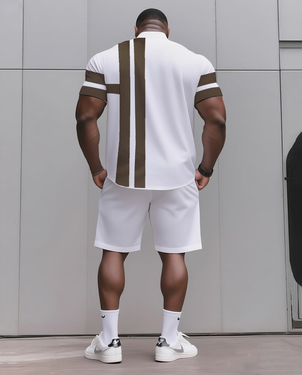 Big & Tall Khaki Striped T-Shirt Shorts Set for big men view 4