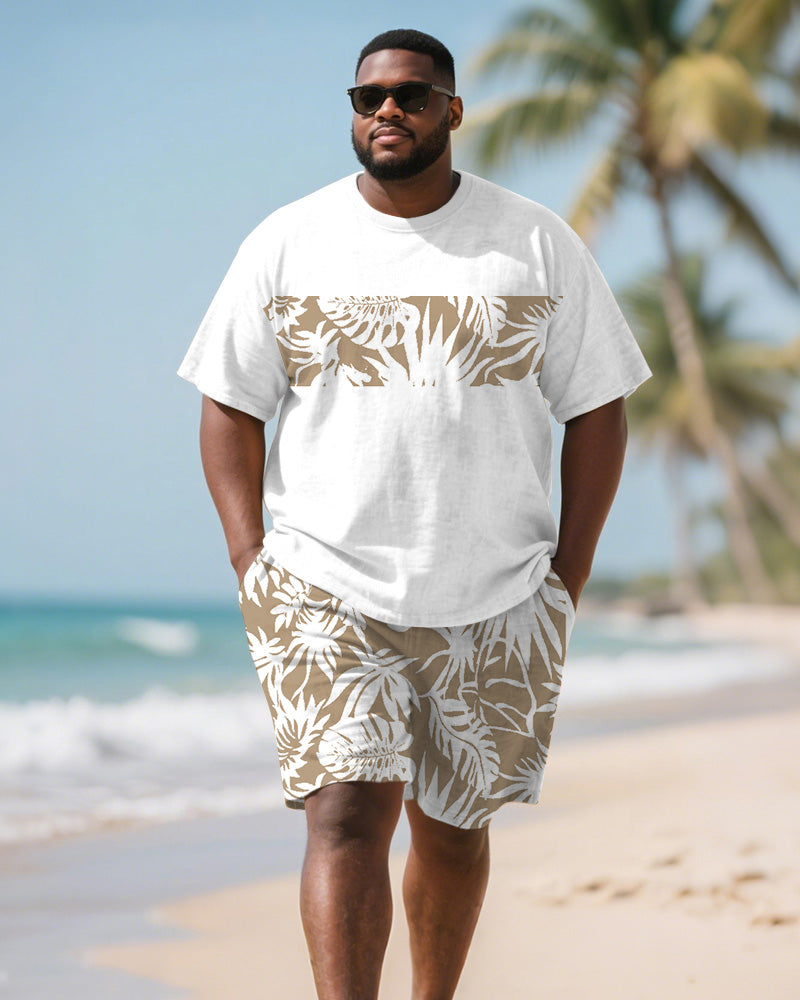 Big & Tall Khaki Hawaiian Graphic T-Shirt Shorts Set for big men view 1