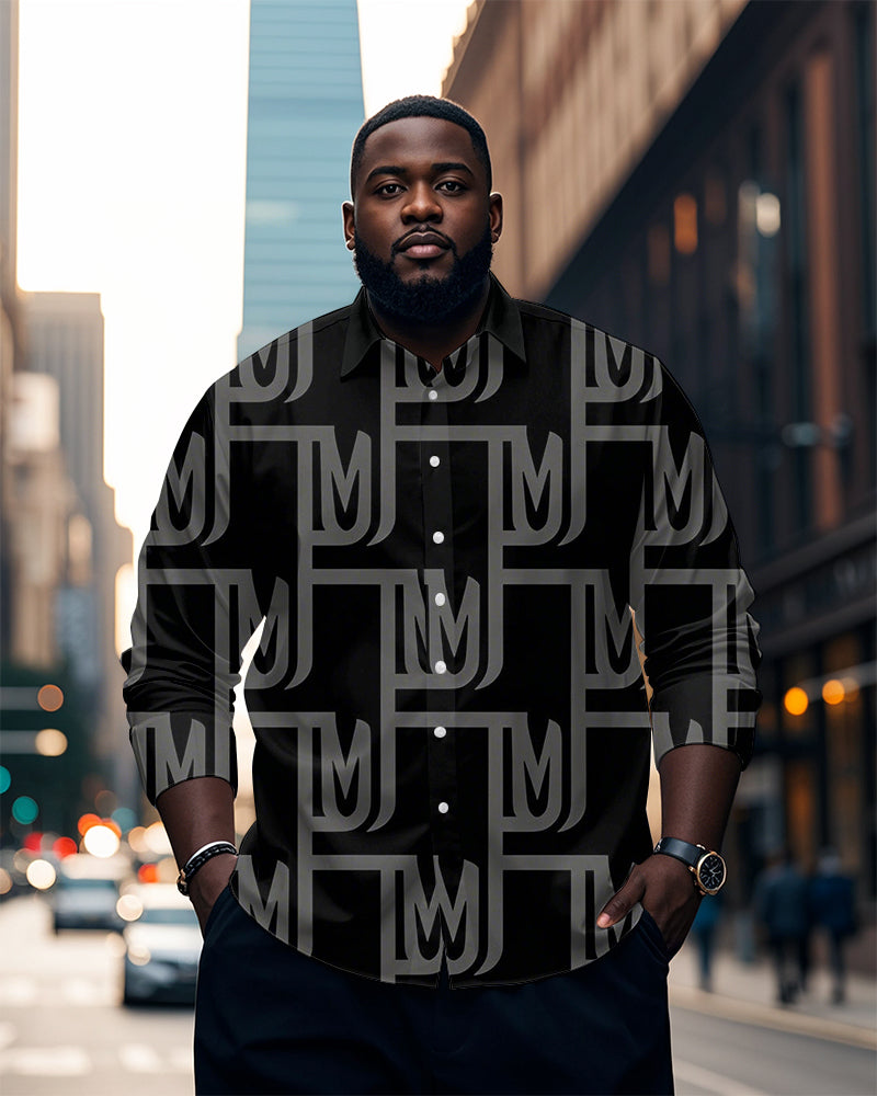 Big & Tall Black Gray Geometric Long Sleeve Shirt for big men view 1