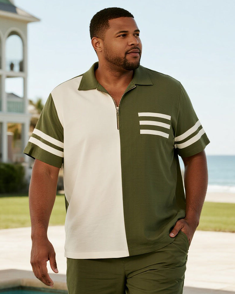 Big & Tall Green Striped Graphic Polo Shorts Set for big men view 2