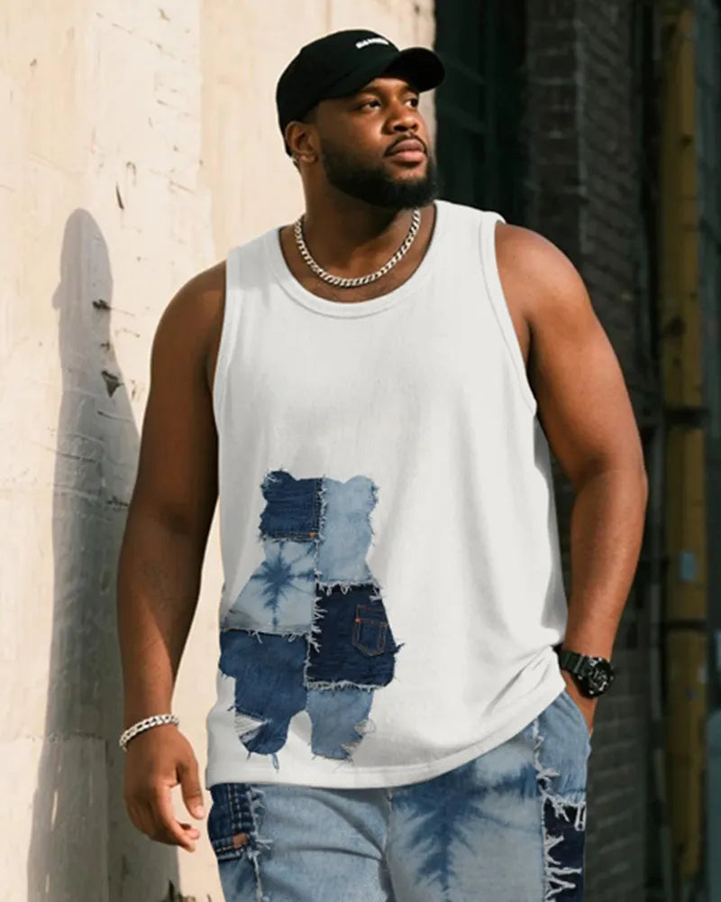 Big & Tall Blue Denim Graphic Tank Top for big men view 2