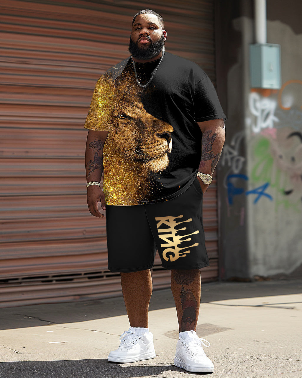 Big & Tall Black Graphic T-Shirt Shorts Set for big men view 1