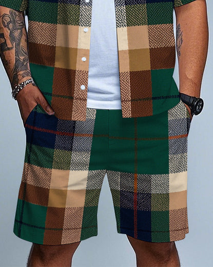 Big & Tall Brown Green Plaid T-Shirt Shorts Set for big men view 3
