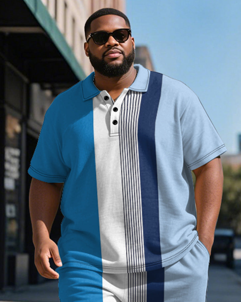 Big & Tall Blue Striped Graphic Polo Shorts Set for big men view 3
