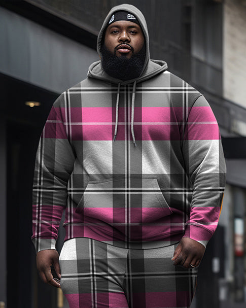 Big & Tall Pink Gray Plaid Hoodie Sweatpants Set for big men view 2