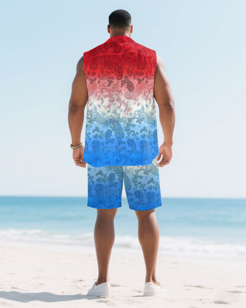 Big & Tall White Blue Hawaiian T-Shirt Shorts Set for big men view 4