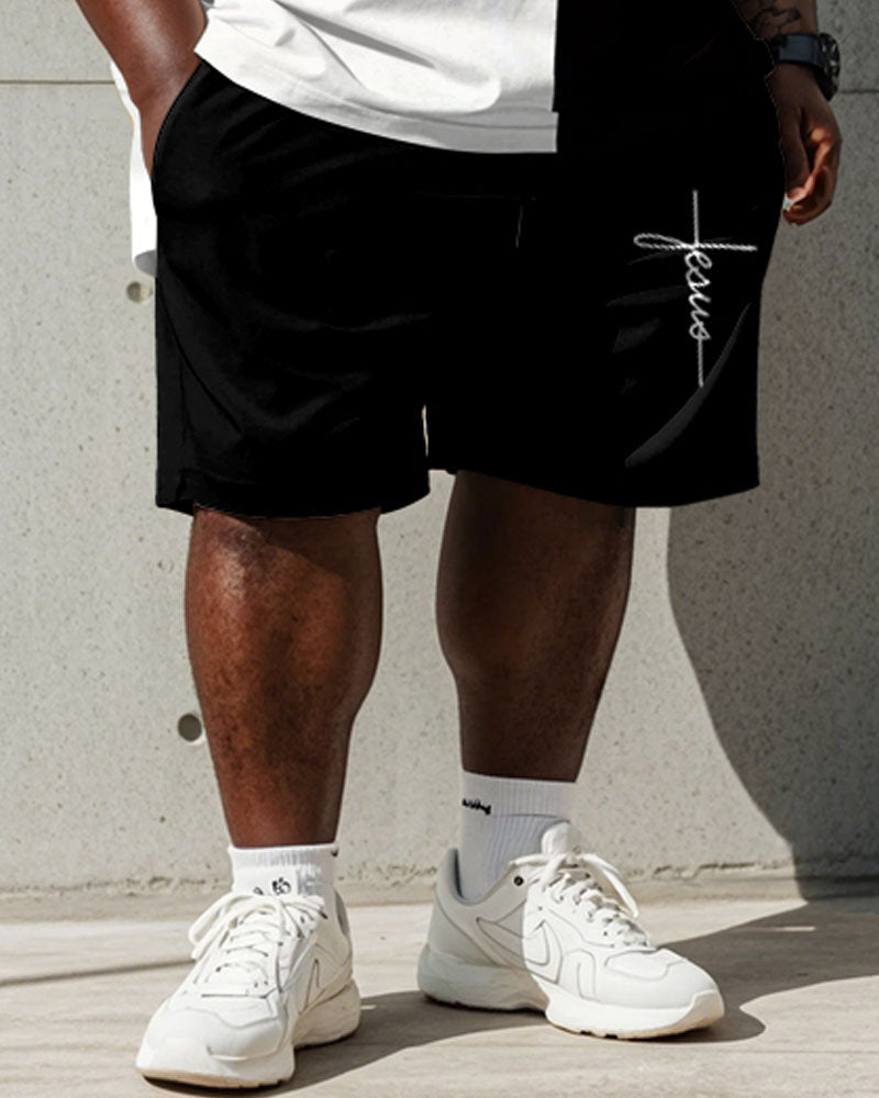 Big & Tall Black White Graphic T-Shirt Shorts Set for big men view 3