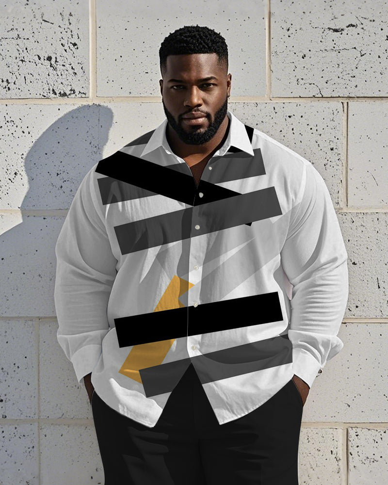 Big & Tall White Geometric Striped Long Sleeve Shirt for big men view 1