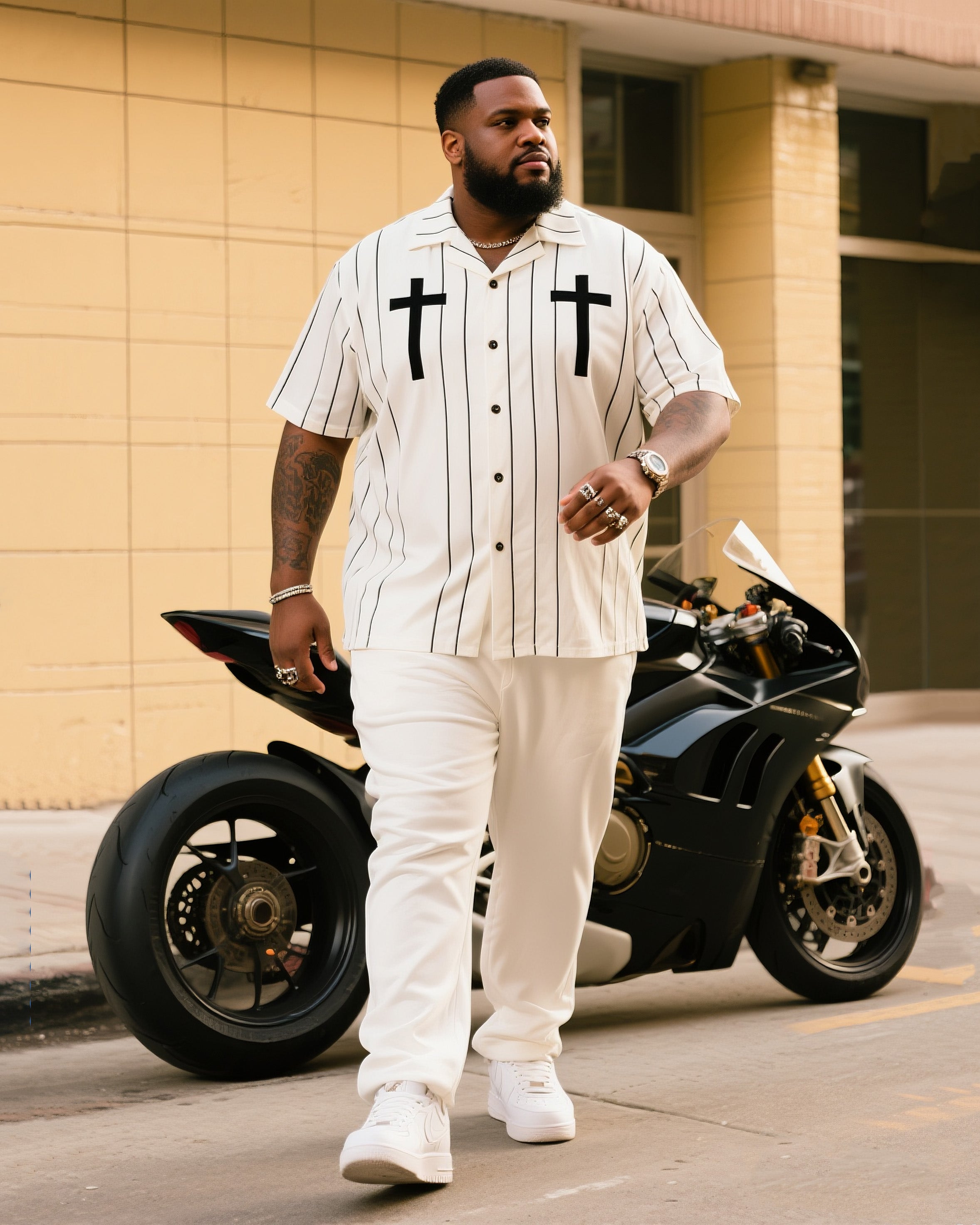 Big & Tall White Striped T-Shirt Pants Set for big men view 1