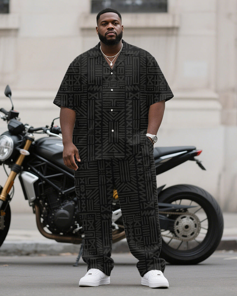 Big & Tall Black Geometric Graphic T-Shirt Pants Set for big men view 1