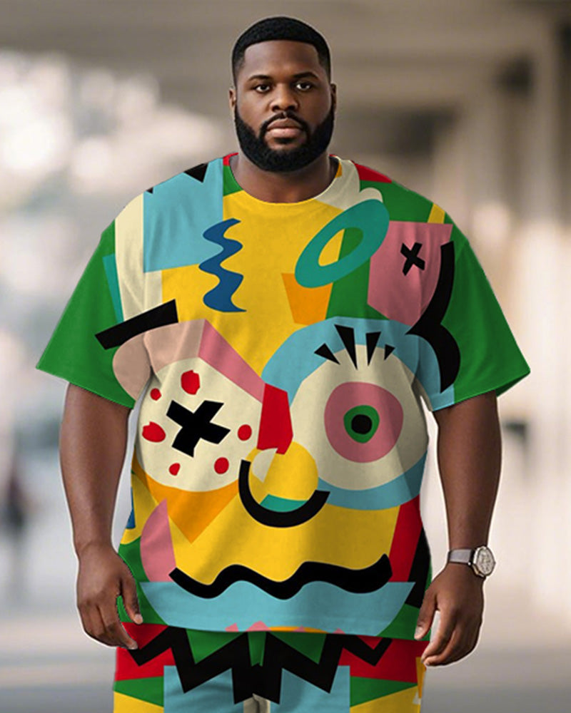 Big & Tall Green Graphic Graffiti T-Shirt Shorts Set for big men view 2