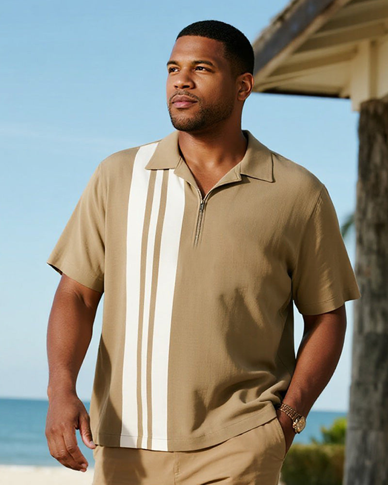 Big & Tall Khaki Striped Graphic Polo Shorts Set for big men view 2