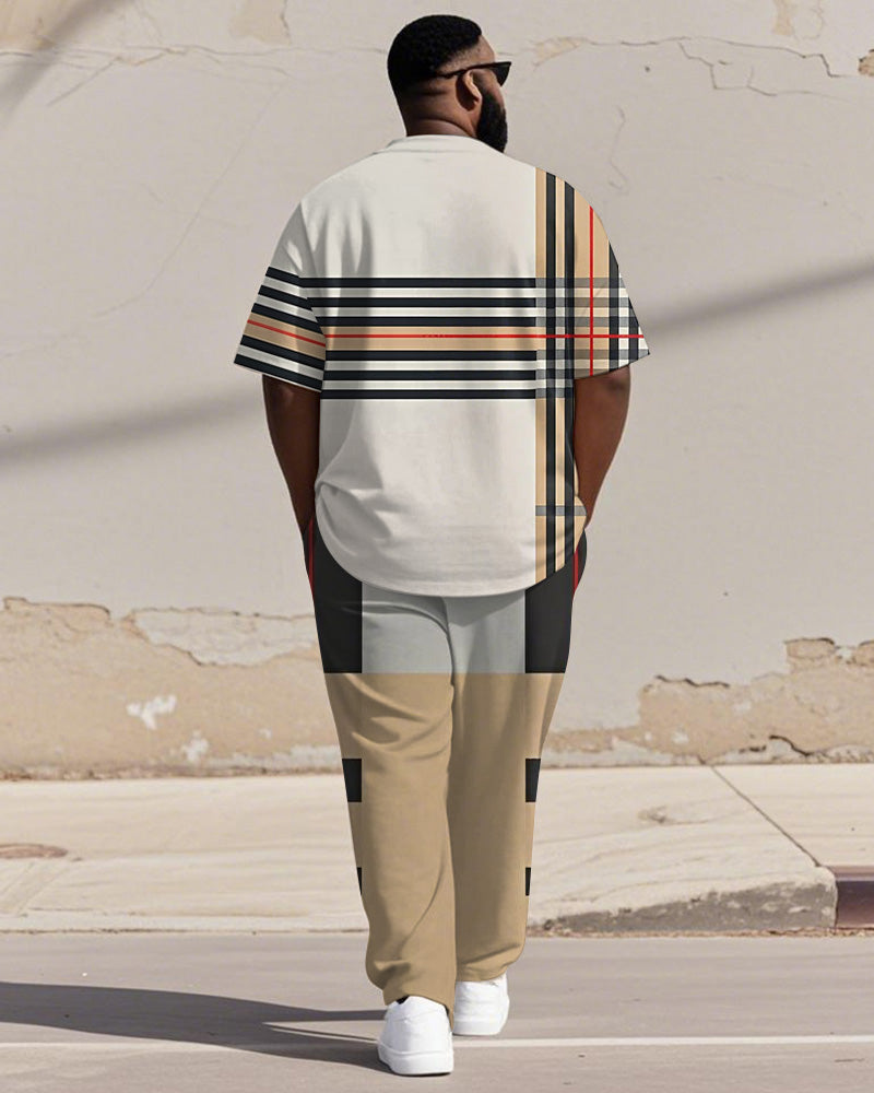 Big & Tall Khaki Colorblock Striped T-Shirt Pants Set for big men view 4