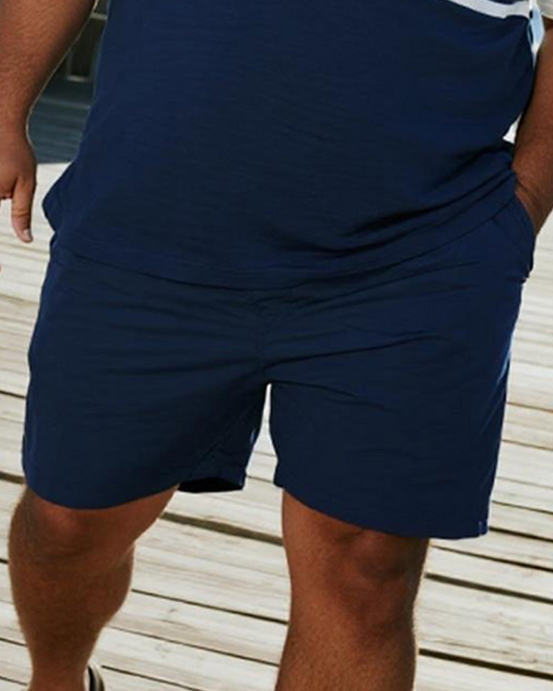 Big & Tall Blue Striped Graphic Polo Shorts Set for big men view 3