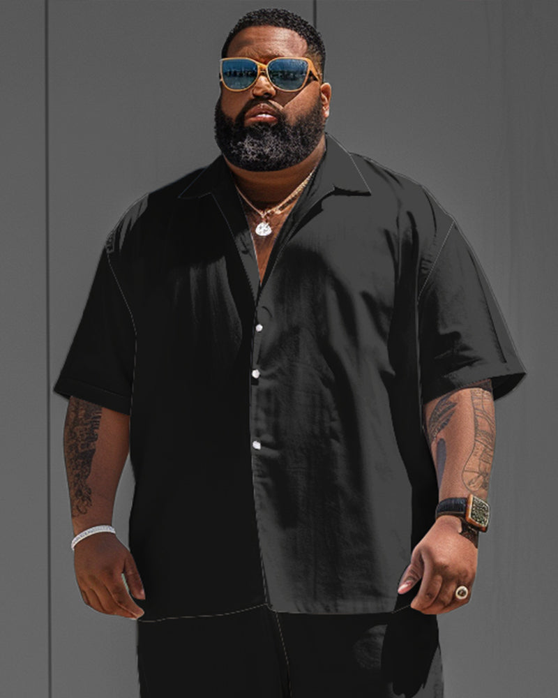 Big & Tall Black Solid Color Shirt Shorts Set for big men view 2