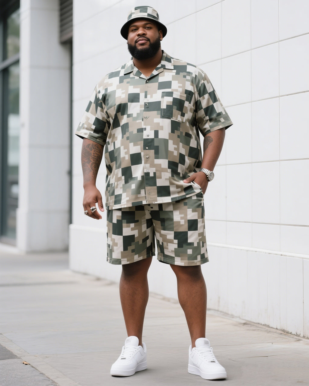 Big & Tall Plaid Camouflage T-Shirt Shorts Set for big men view 4
