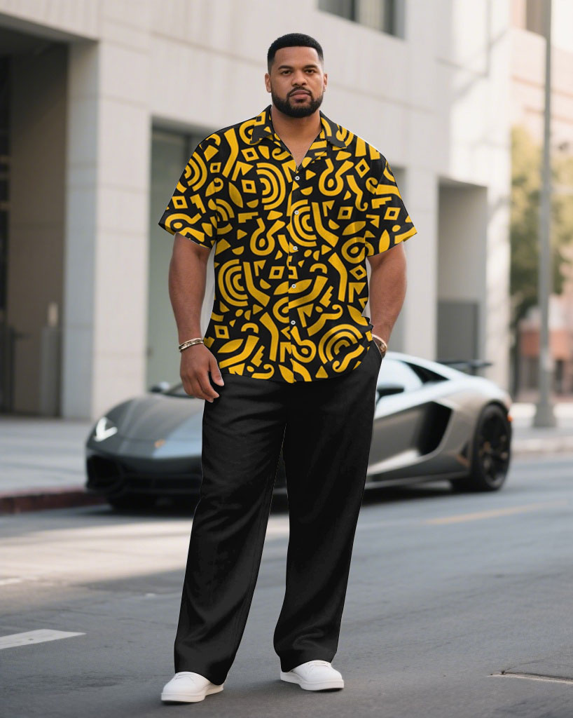 Big & Tall Black Yellow Geometric T-Shirt Pants Set for big men view 1