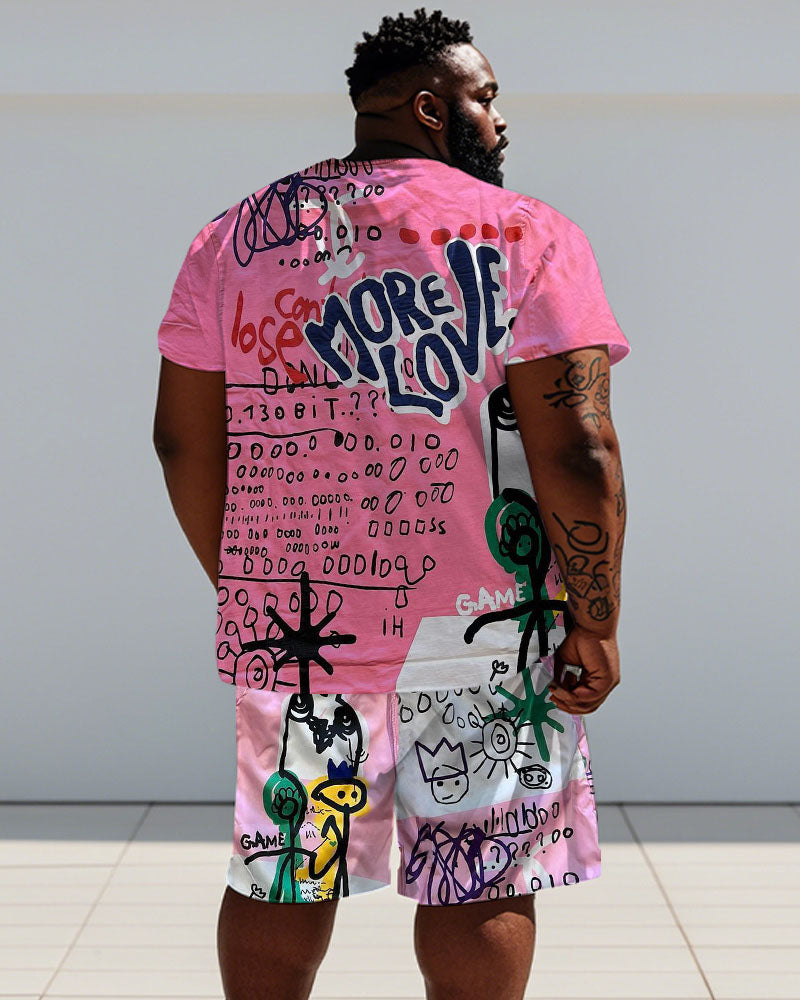 Big & Tall Pink Graphic Graffiti T-Shirt Shorts Set for big men view 4